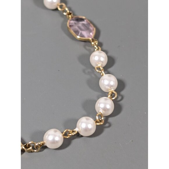 Vintage White Faux Pearl Pink Bezel Beaded Necklace Classic 22 inch - Picture 4 of 9